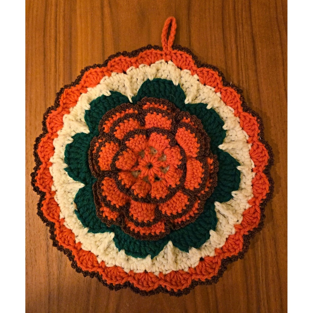 Vtg Crocheted Floral Round Potholder w/ Hanging Loop 10" Orange Green Fall Decor